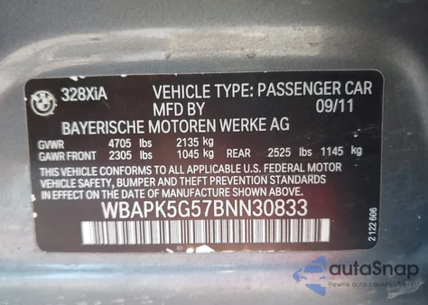 2011 BMW 328I xDrive из США, поврежденный, VIN WBAPK5G57BNN30833